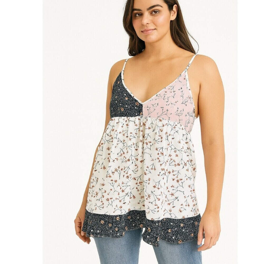 POL floral tank blouse flowy V-neck light weight BoHo top SZ M tunic flowy